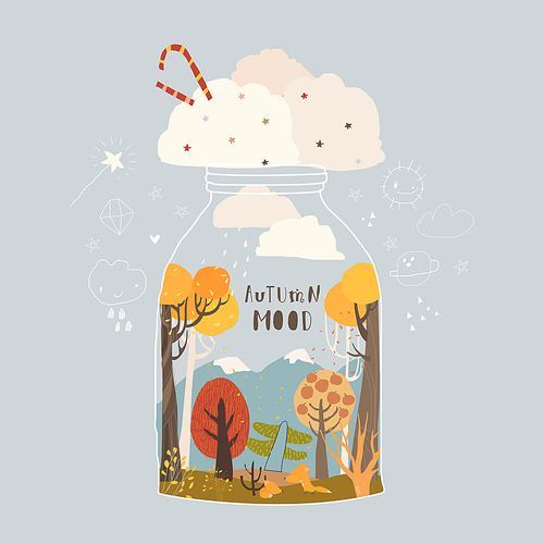 Vector Cartoon Illustration with Autumn Forest in Big Jar