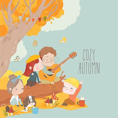 Happy Cartoon Children playing Guitar in Autumn Forest. Vector Illustration