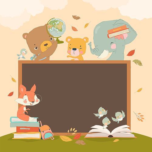 Back to School Vector Illustration. Cartoon Animal Characters holding Schoolbags and Globe learning, reading Book or Textbook, sitting next to Class Blackboard