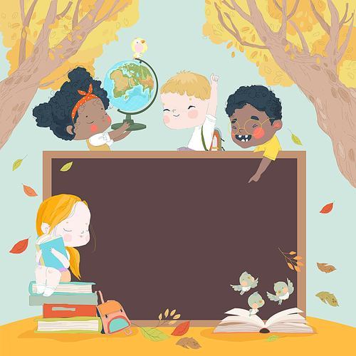 Back to School Vector Illustration. Cartoon Children holding Schoolbags and Globe learning, reading Book or Textbook, sitting next to Class Blackboard