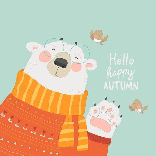 Cute Polar Bear wearing Cozy Sweater saying Hello Autumn. Vector Illustration