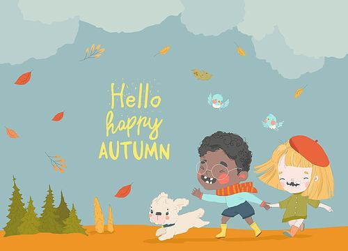 Happy Kids running on Autumn Meadow with Cute Dog. Vector Illustration