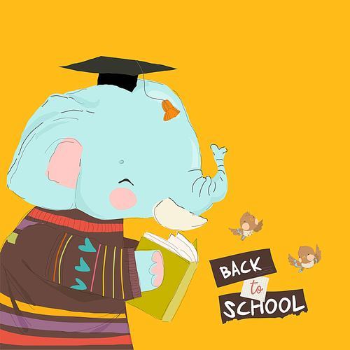 Cute Cartoon Elephant reading Book. Back to School. Vector Illustrations