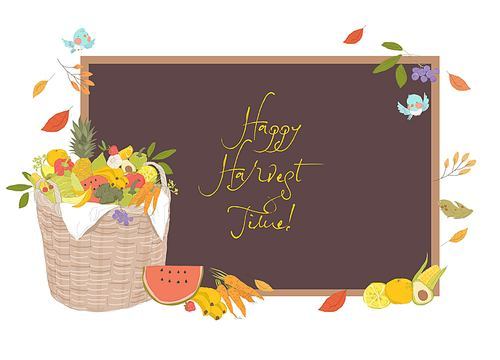 Background Vector Illustration of Cartoon Basket with Fruits and Vegetables. Happy Harvest Time