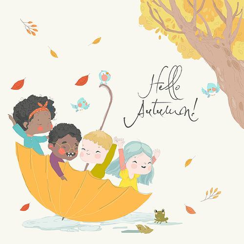 Cute Cartoon Kids sitting in Big Umbrella. Hello Autumn. Vector Illustration