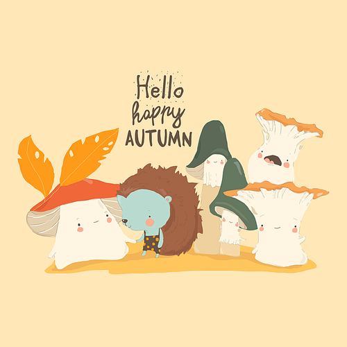 Cartoon Funny Mushrooms with Cute Hedgehog. Hello Autumn. Vector Illustration