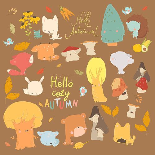 Cartoon Autumn Set with Woodland Animals and Trees. Vector Set