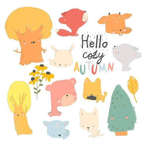 Cartoon Autumn Set with Woodland Animals and Trees. Vector Set