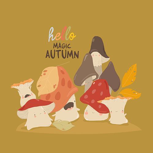 Cartoon Funny Mushrooms. Hello Autumn. Vector Illustration