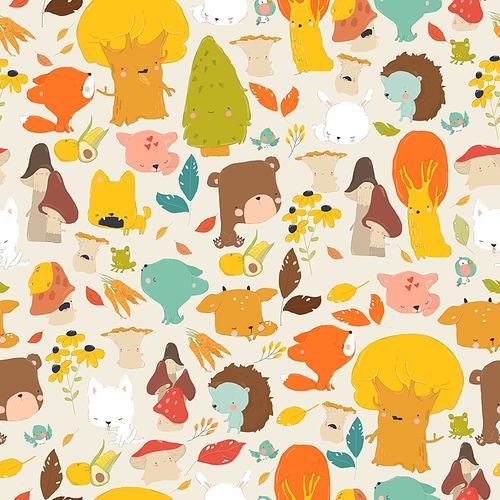 Vector Seamless Pattern with Cartoon Woodland Animals and Trees