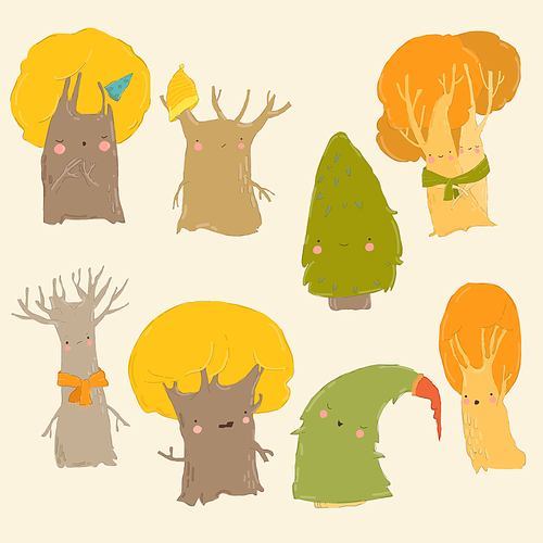 Cartoon Autumn Set with Cute Colorful Trees. Vector Set