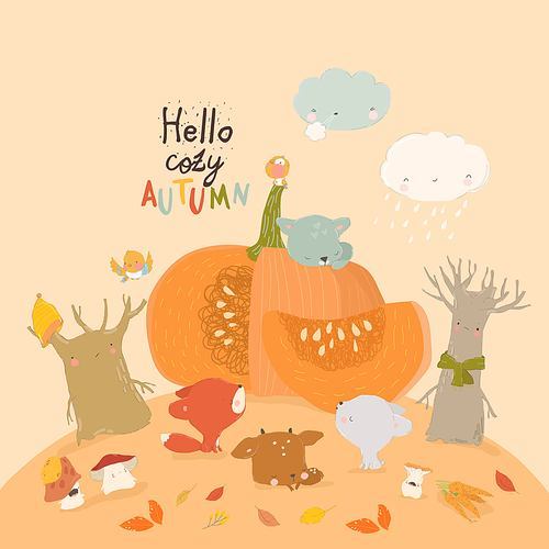 Cartoon Funny Animals with Big Pumpkin in Autumn Forest. Vector Illustration