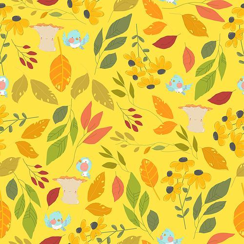 Vector Seamless Pattern with Autumn Leaves, Flowers, Mushroom