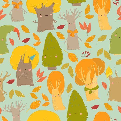 Vector Seamless Pattern with Cartoon Cute Colorful Trees