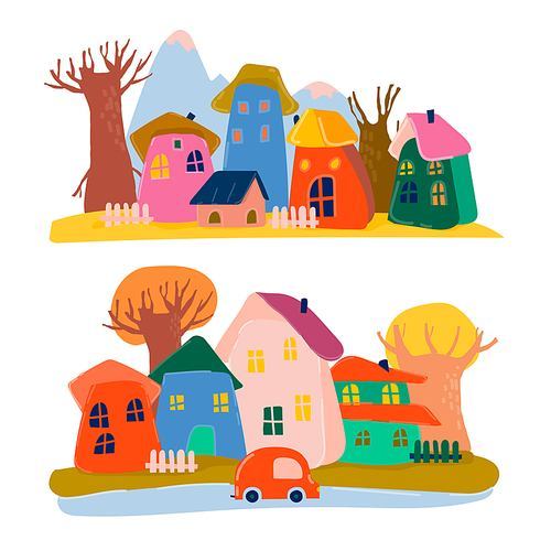 Cute Cartoon Colorful Houses with Autumn Trees. Vector Illustration