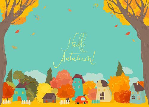 Cute Cartoon Colorful Houses with Autumn Trees. Vector Illustration