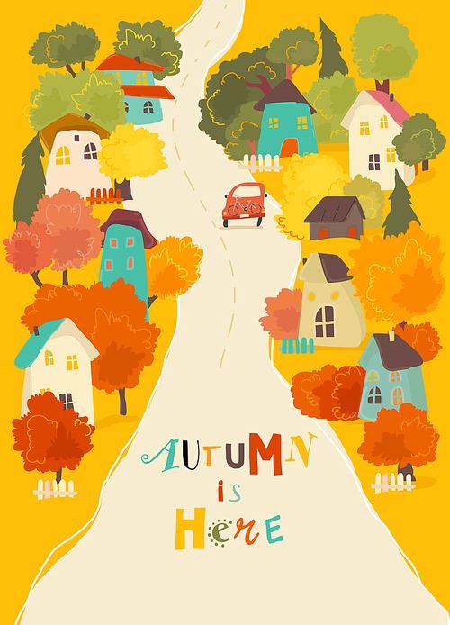 Cute Cartoon Colorful Houses with Autumn Trees. Vector Illustration