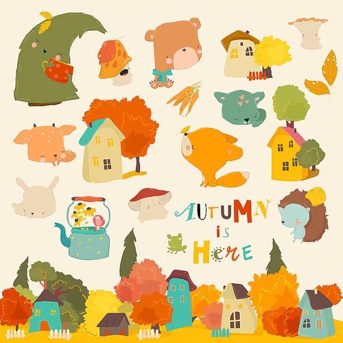 Cartoon Autumn Set with Woodland Animals and Trees. Vector Set