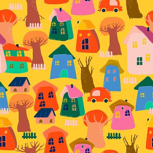 Vector Seamless Pattern with Cartoon Colorful Houses and Autumn Trees