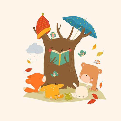 Cartoon Funny Tree reading Book for Cute Animals. Vector Illustration