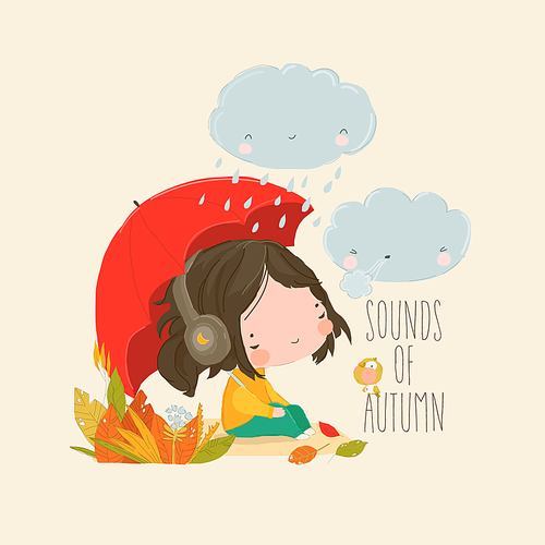 Girl sitting under Umbrella and listening to Music in the Headphones in the Rain. Vector illustration