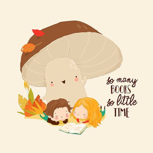 Cute Boy and Girl are relaxing and enjoying reading Books under Big Mushroom. Vector Illustration