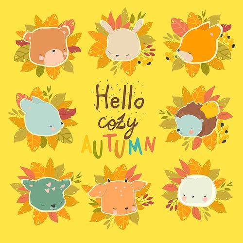 Vector Cartoon Autumn Set with Woodland Animals and Wreath