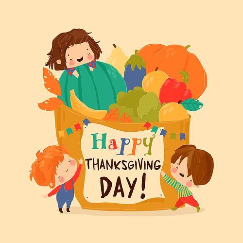 Cartoon Vector Thanksgiving Card with Kids and Basket full Vegetables and Fruits