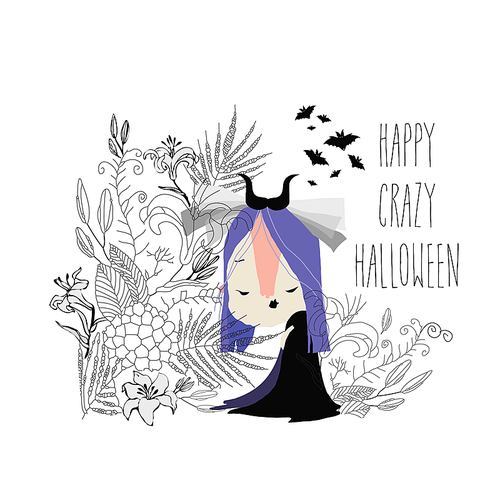 Cartoon Beautiful Witch walking in Flowers on White Background. Vector Illustration