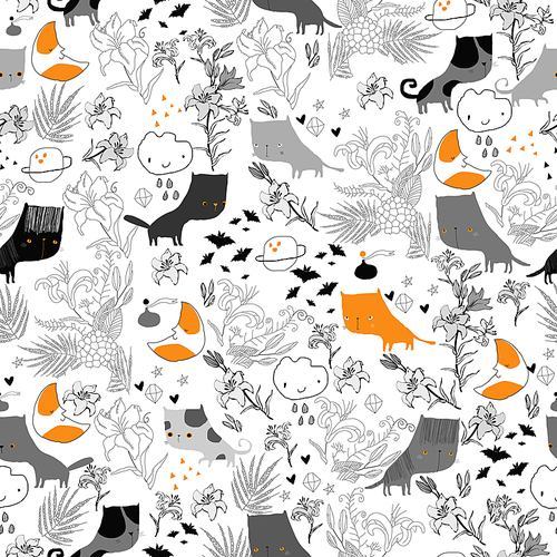 Vector Seamless Pattern with Cute Cats in Flowers on White Background