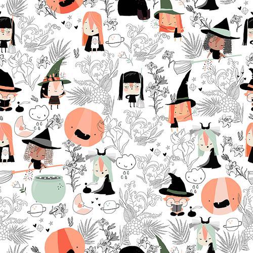 Vector Seamless Pattern with Cute Witches in Flowers on White Background