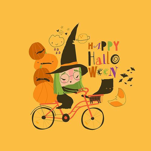 Cute Halloween Witch riding Bicycle with Pumpkins and Black Cat. Vector Illustration