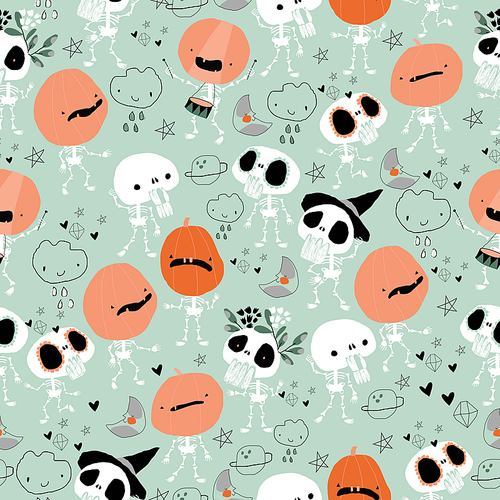 Vector Seamless Pattern with Cute Skeletons and Pumpkins