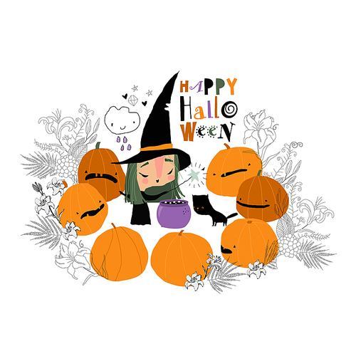 Halloween Witch cooks a Magic Potion in a Cauldron. Vector Illustration