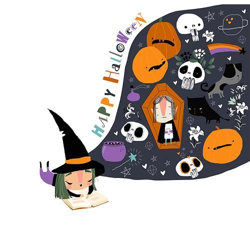 Cute Little Witch reading Book and dreaming about Halloween. Vector Illustration