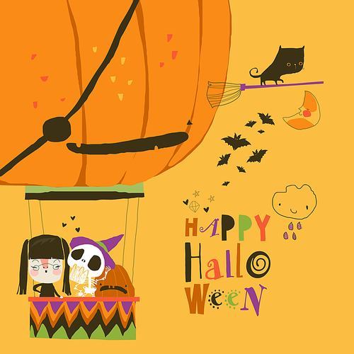 Cute Halloween Monsters flying on Air Balloon shaped like a Pumpkin. Vector Illustration