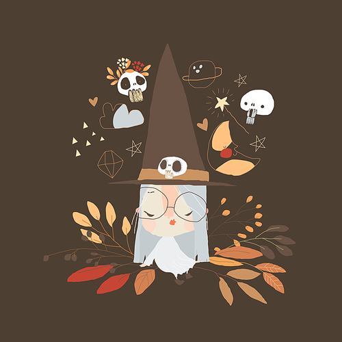 Cartoon Beautiful Witch sitting in Autumn Leaves. Vector Illustration