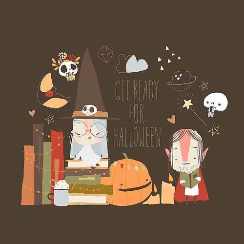 Cartoon Beautiful Witch with Vampire celebrating Halloween. Vector Illustration