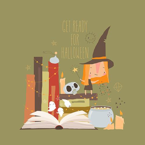 Little Witch standing and conjuring on a Stack of Books . Vector Illustration