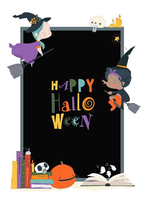 Vector Halloween Illustration with Cute Witches, Pumpkin and Magic Books