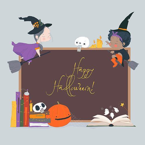 Vector Halloween Illustration with Cute Witches, Pumpkin and Magic Books