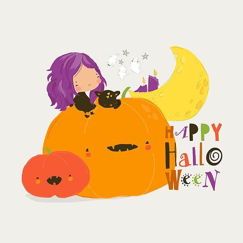 Cute Girl in Halloween Costume sits on a Giant Pumpkin. Vector