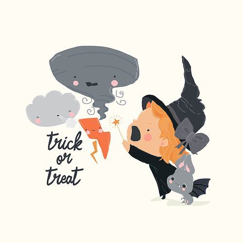 Cute Halloween Little Witch conjuring up with Baby Bat. Vector Illustration