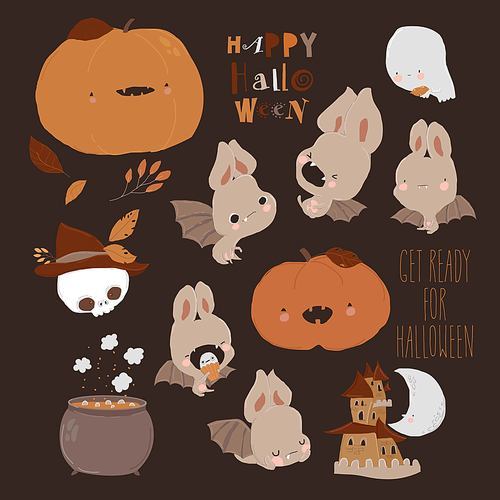 Happy Halloween Childish Collection with Design Elements. Halloween Collection. Ghost, Bat, Pumpkin, Scull. Ideal for Cards, Poster, Prints, Anniversary, Invitation and Party Decoration