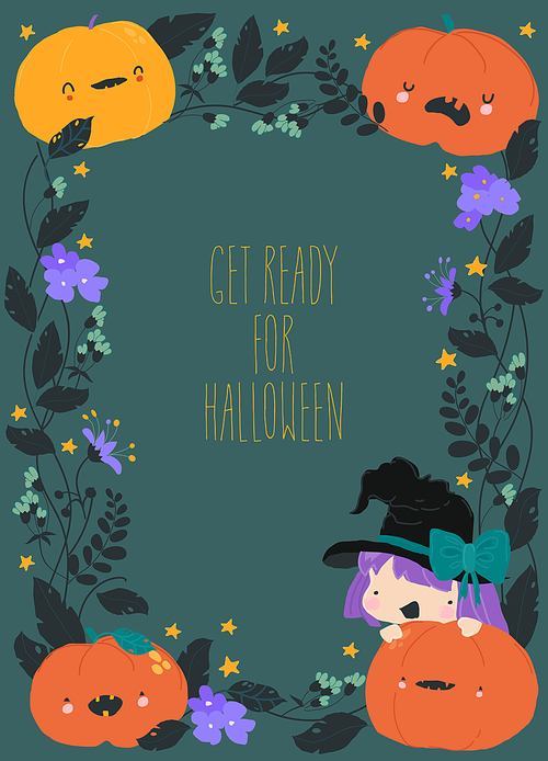 Cute Cartoon Frame with Little Witch, Pumpkins and Plants. Vector Illustration