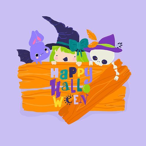 Vector Halloween Illustration with Little Witch, Baby Bat and Skeleton