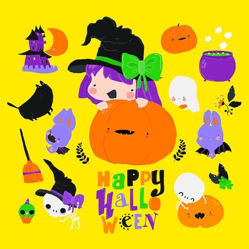 Happy Halloween Childish Collection with Design Elements. Halloween Collection. Ideal for Cards, Poster, Prints, Anniversary, Invitation and Party Decoration