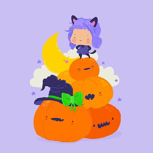 Cute Little Witch standing on Heap of Halloween Pumpkins. Vector Illustration