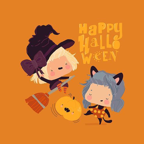 Cute Little Witches playing Football with Halloween Pumpkin. Vector Illustration