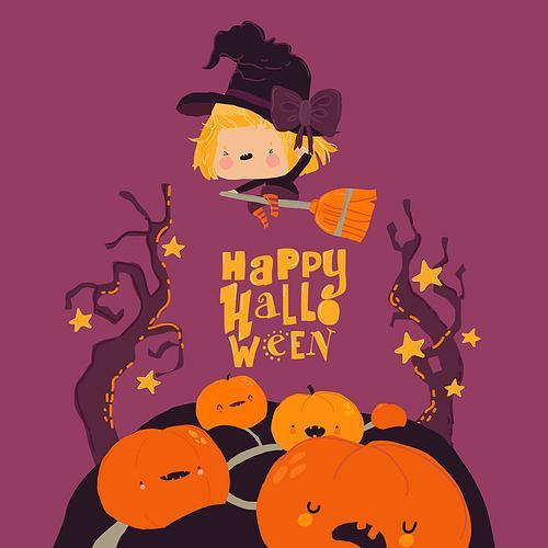 Cute Halloween Redheaded Witch flying on Broom above Pumpkins. Vector Illustration